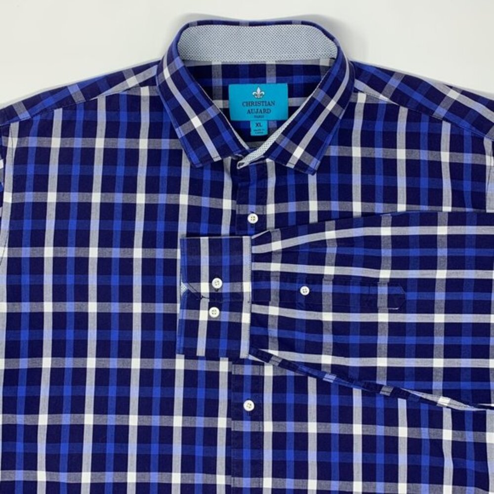 Christian‎ Aujard Blue Plaid Cotton Men's Long Sleeve Shirt Size XL